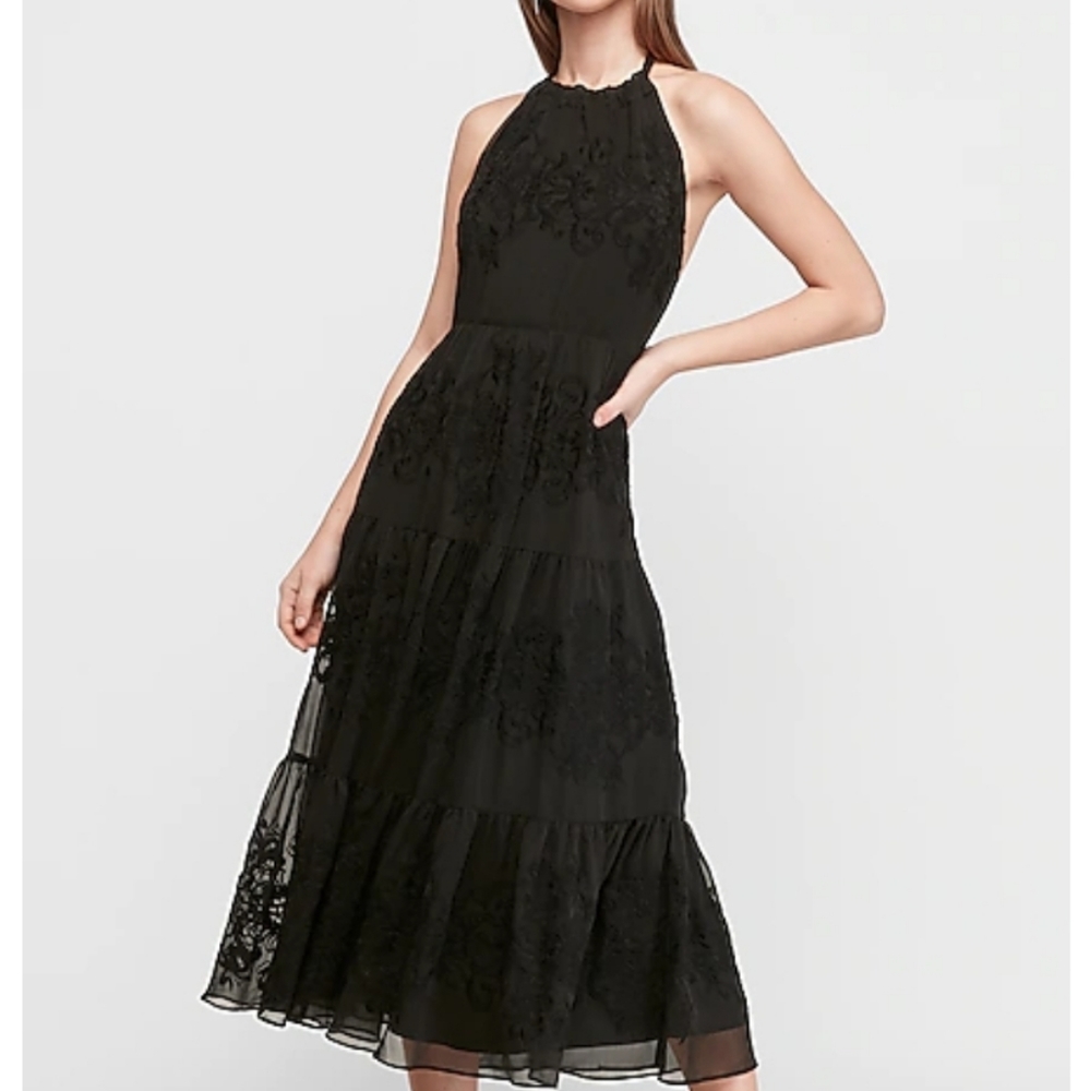 Express Embroidered Tiered Midi Black Dress XL